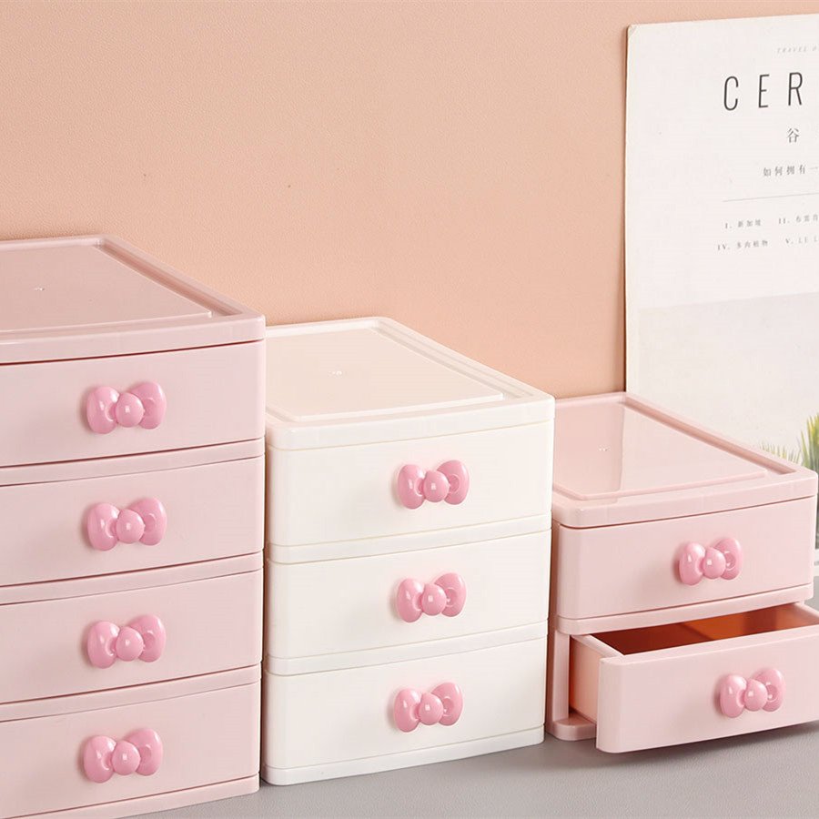 3 layers cute bowknot desk storage drawers cabinet tabletop sundries stationery space organizer container makeup box for girls