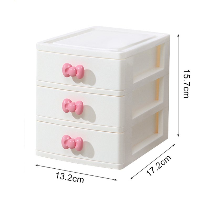 3 layers cute bowknot desk storage drawers cabinet tabletop sundries stationery space organizer container makeup box for girls