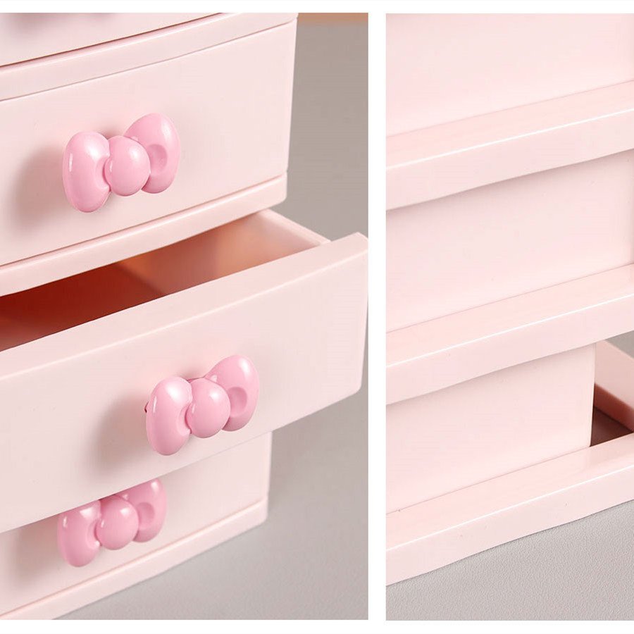 3 layers cute bowknot desk storage drawers cabinet tabletop sundries stationery space organizer container makeup box for girls