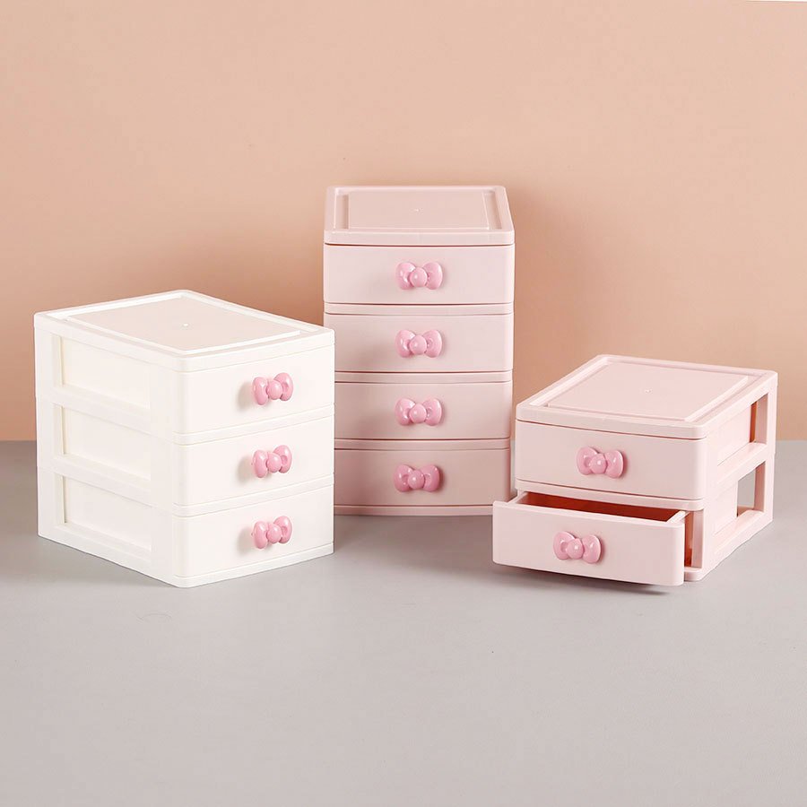 3 layers cute bowknot desk storage drawers cabinet tabletop sundries stationery space organizer container makeup box for girls