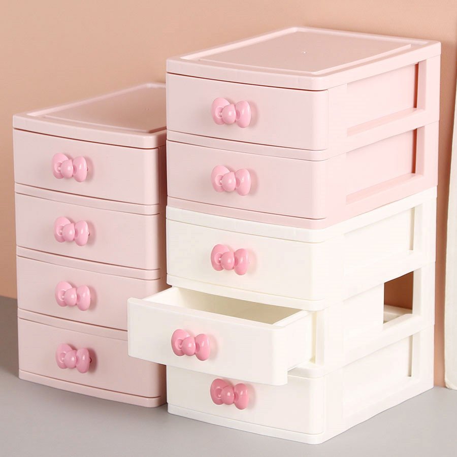 3 layers cute bowknot desk storage drawers cabinet tabletop sundries stationery space organizer container makeup box for girls