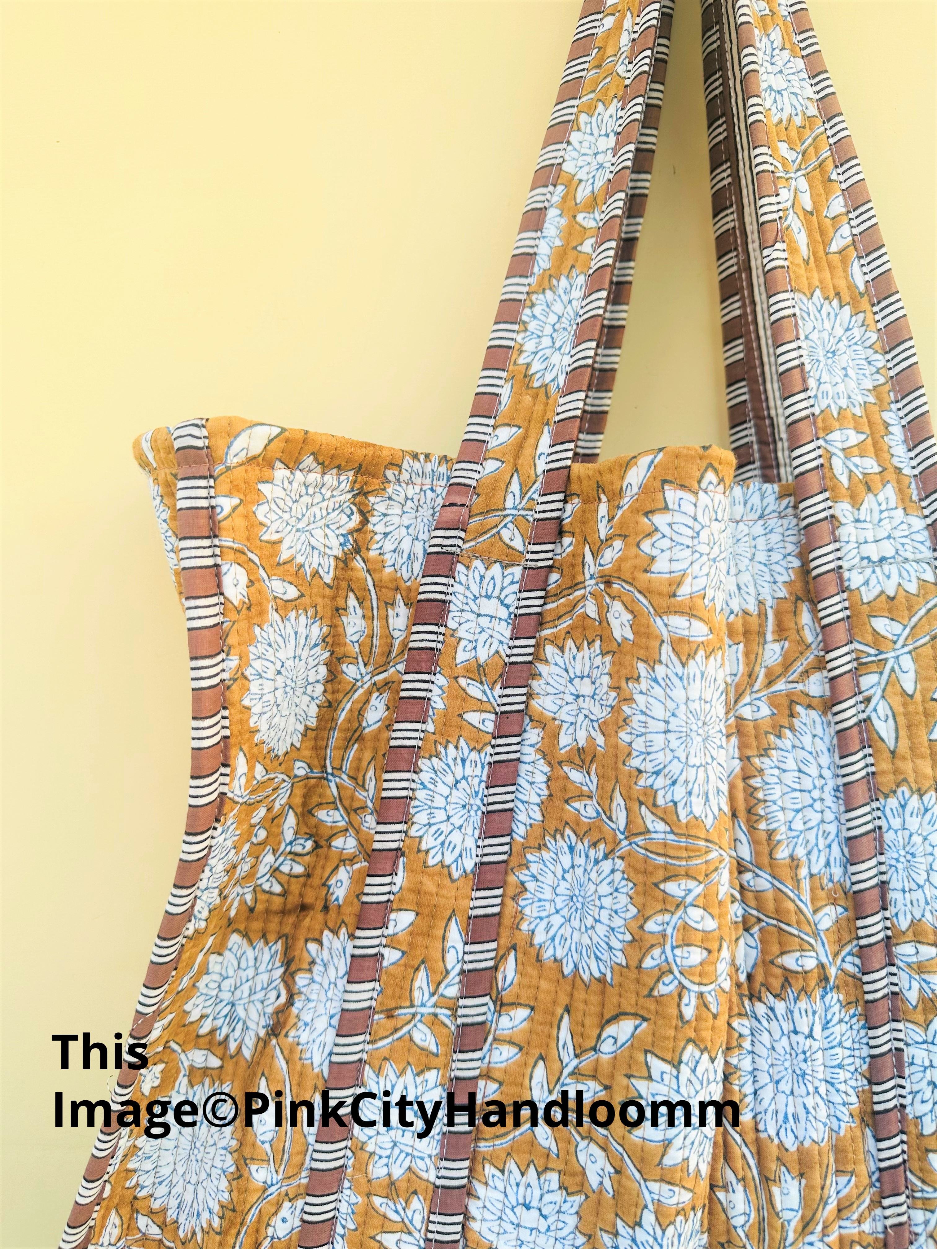 Women's Tote Bags Hand Block Printed Cotton Handbags Shopping Shoulder Purse Large Quilted Bag makeup travel organizer