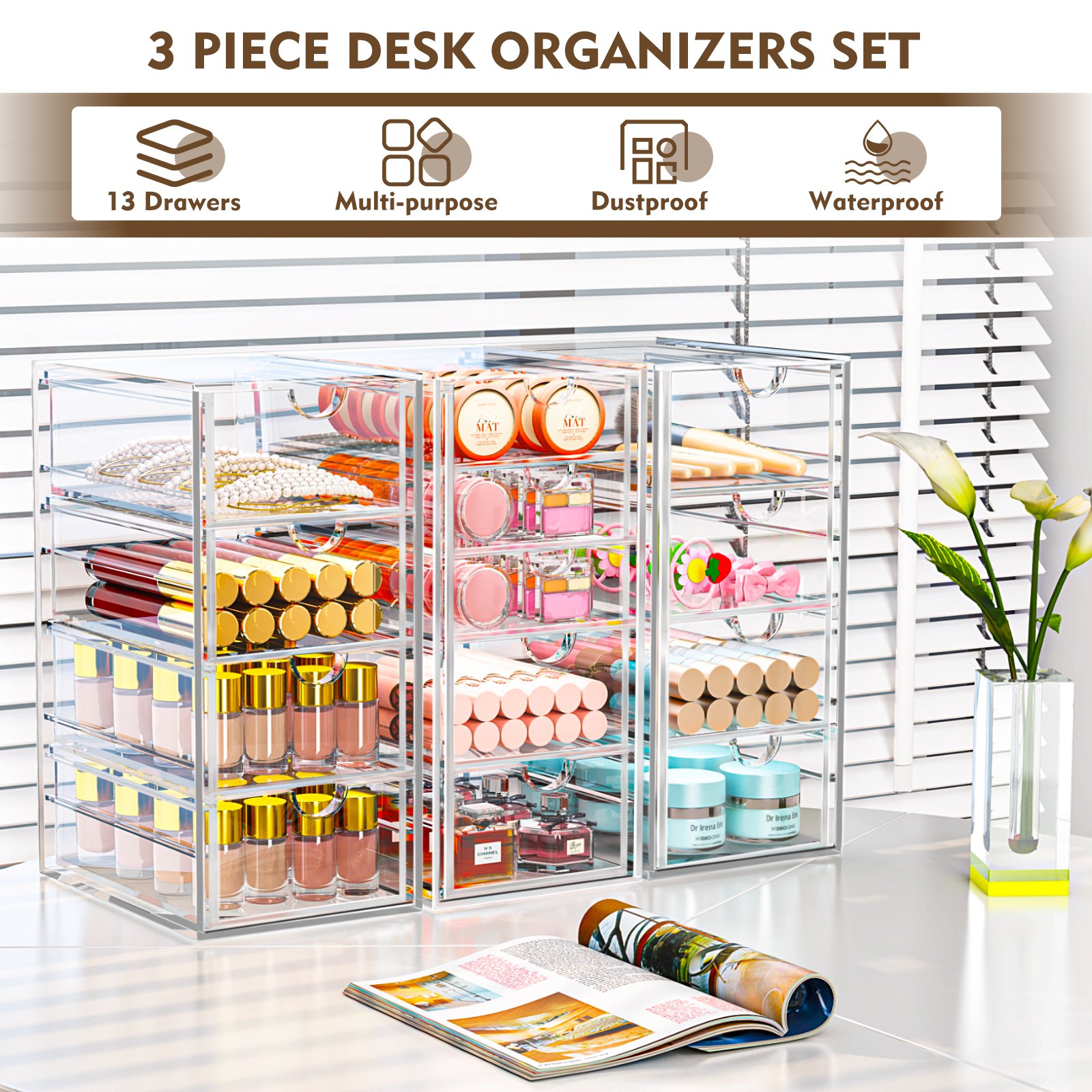 WALUE 13-Drawer Rectangle Transparent Clear Acrylic Plastic Desk Organizer Eco-Friendly Wholesale Price for Jewelry Accessories