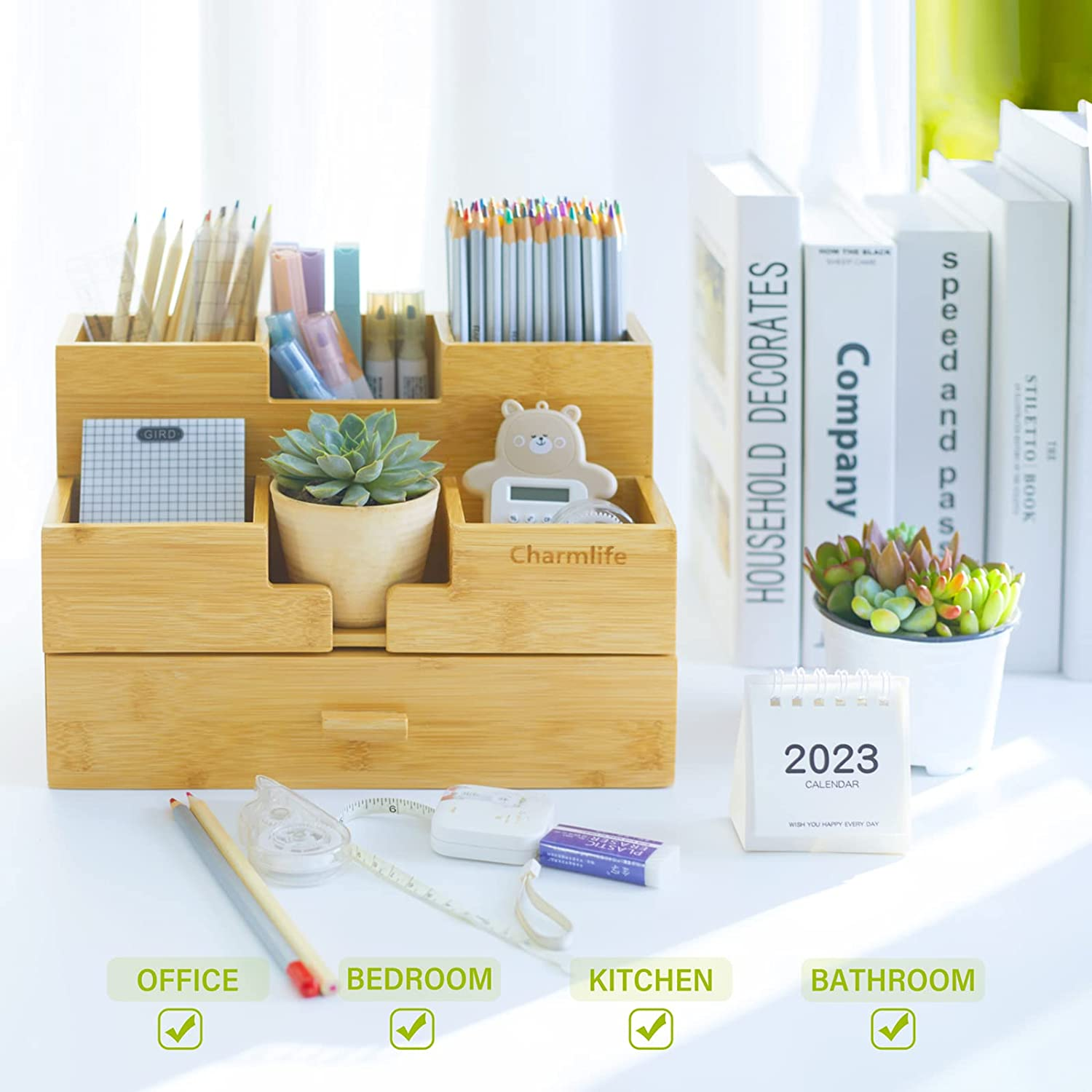 Bamboo Desk Organizer Makeup Storage Drawer