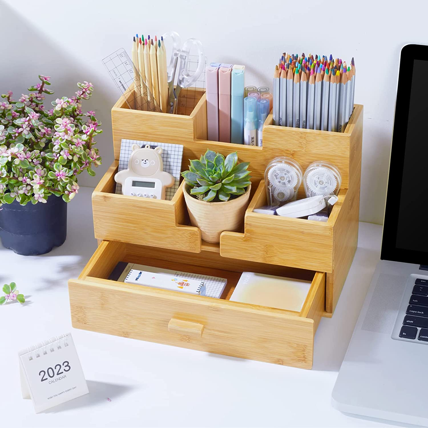 Bamboo Desk Organizer Makeup Storage Drawer