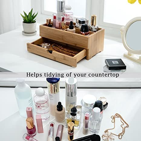 Bamboo Cosmetic Makeup Storage Organizer Bathroom Countertop Skincare Organizer Cosmetic Display Case for Dresser and Vanity