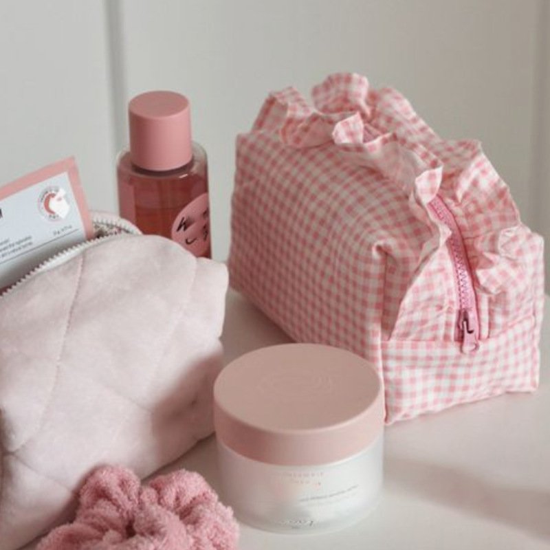 Travel Cute Cotton Ruffle Cosmet Bag Organizer Zipper Cosmetic Pouch Quilted Makeup Bag