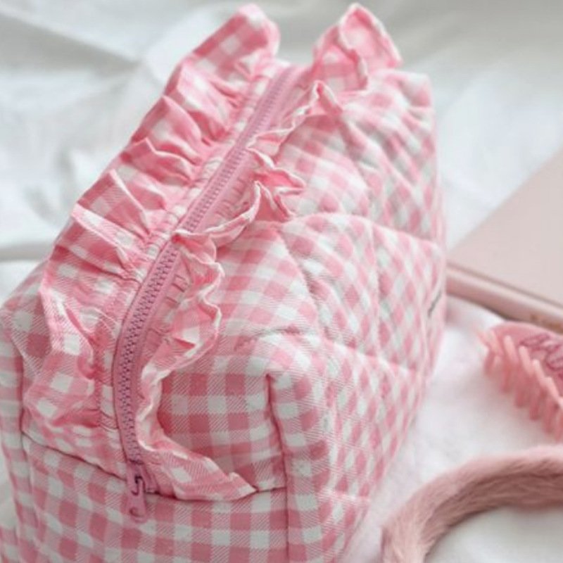 Travel Cute Cotton Ruffle Cosmet Bag Organizer Zipper Cosmetic Pouch Quilted Makeup Bag