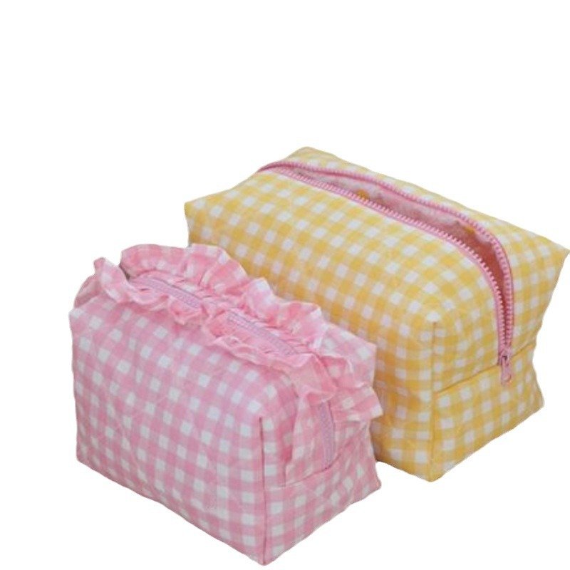 Travel Cute Cotton Ruffle Cosmet Bag Organizer Zipper Cosmetic Pouch Quilted Makeup Bag
