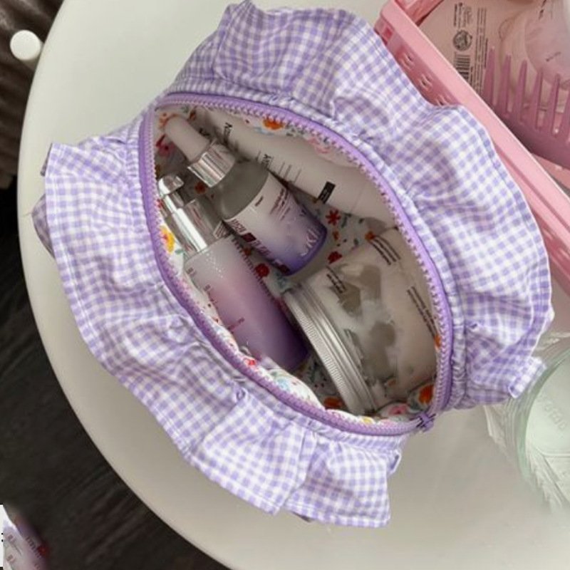 Travel Cute Cotton Ruffle Cosmet Bag Organizer Zipper Cosmetic Pouch Quilted Makeup Bag