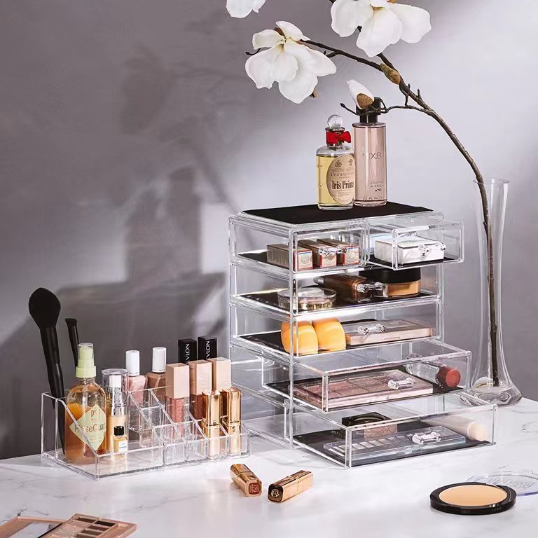 Manufacturer wholesale OEM Large Stackable Make Up organizer Jewelry Storage box Clear acrylic Cosmetic Makeup Drawer Organizer