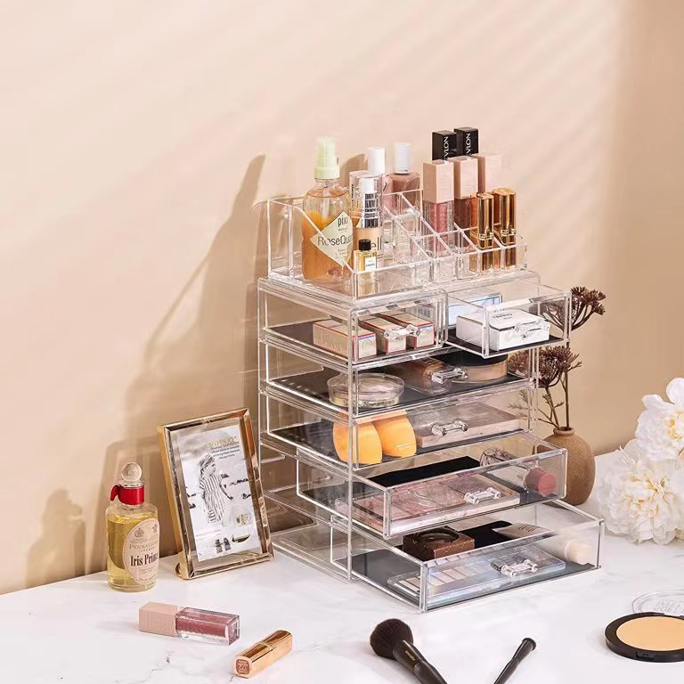 Manufacturer wholesale OEM Large Stackable Make Up organizer Jewelry Storage box Clear acrylic Cosmetic Makeup Drawer Organizer