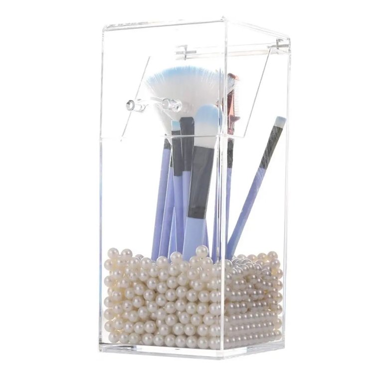 Elegant Acrylic Makeup Brush Container, Clear Makeup Brush Holder Standing on the Dressing Desk with Lid