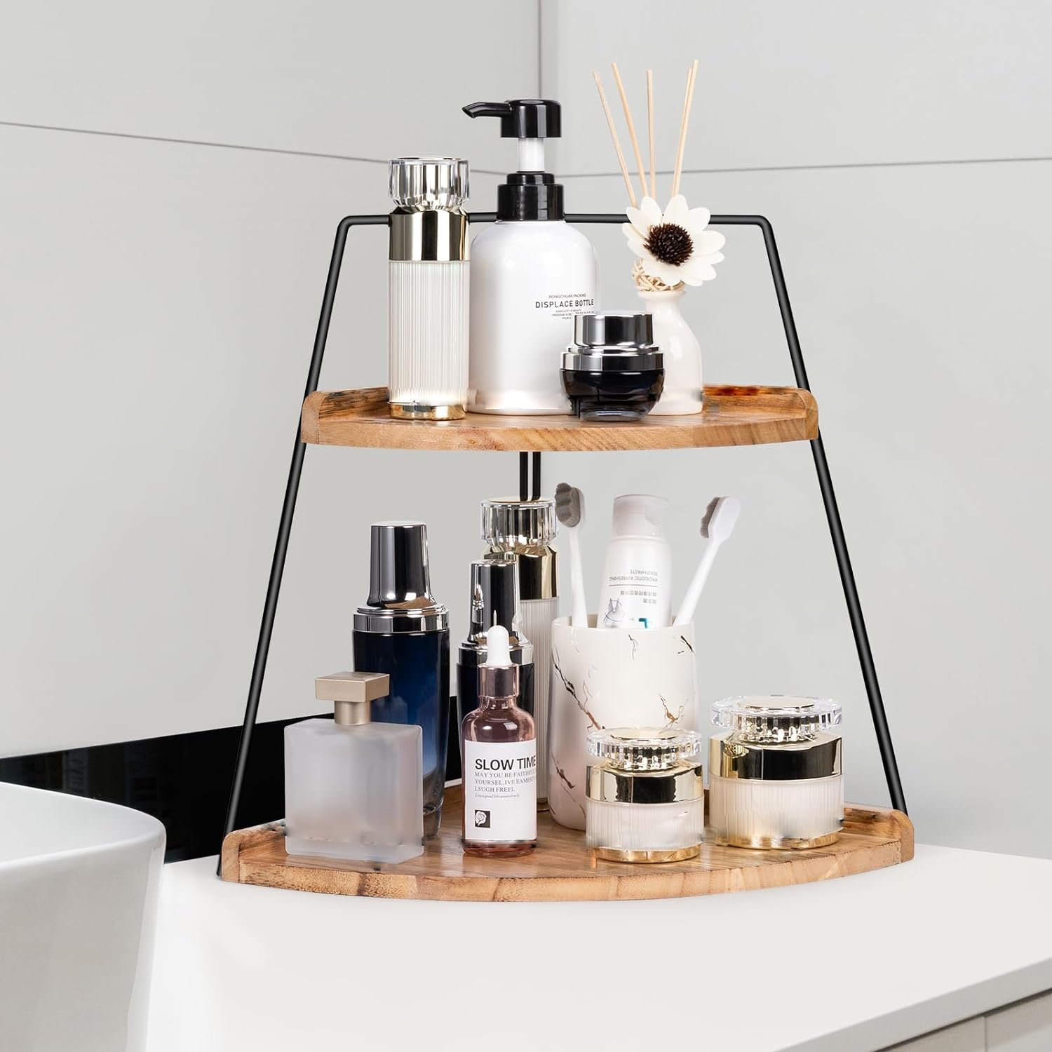 Wooden Corner Shelf Makeup Stack Skincare Organizers And Storage Bathroom Counter Organizer