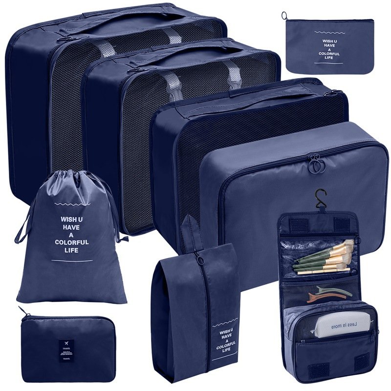 Factory 9pcs set wash and makeup bag Waterproof Clothes Packing Luggage Organizer Cubes Travel Storage Bags Set