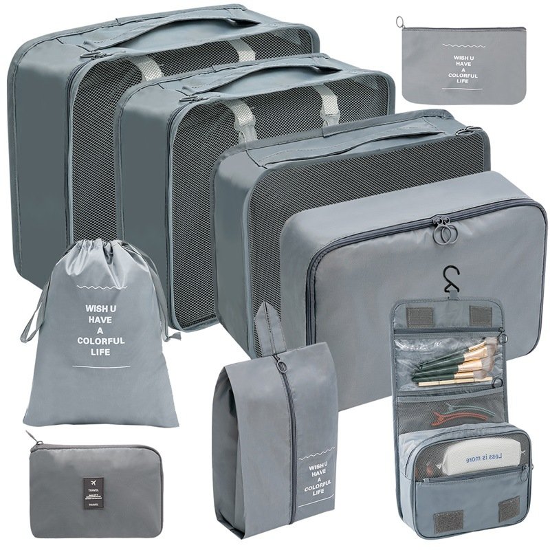 Factory 9pcs set wash and makeup bag Waterproof Clothes Packing Luggage Organizer Cubes Travel Storage Bags Set