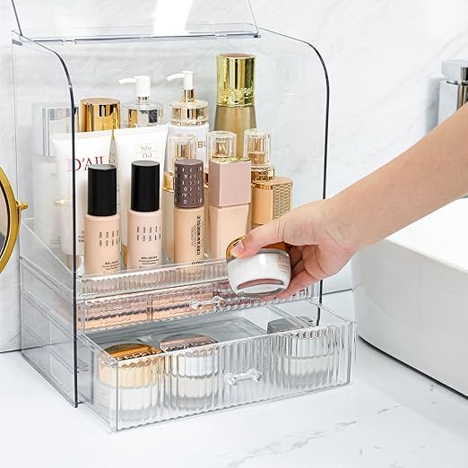 Acrylic Makeup Organizer with 2 Drawers Clear Vanity Dresser Top Dust-Proof Cover for Lipstick Beauty Perfume Display Racks