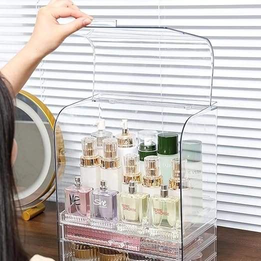 Acrylic Makeup Organizer with 2 Drawers Clear Vanity Dresser Top Dust-Proof Cover for Lipstick Beauty Perfume Display Racks