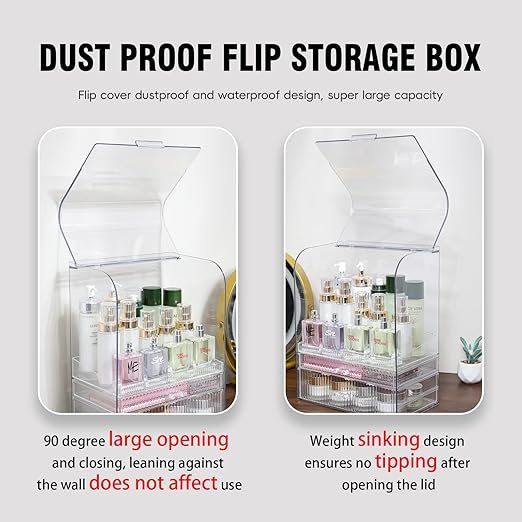 Acrylic Makeup Organizer with 2 Drawers Clear Vanity Dresser Top Dust-Proof Cover for Lipstick Beauty Perfume Display Racks