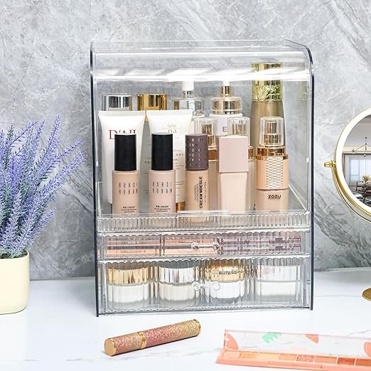 Acrylic Makeup Organizer with 2 Drawers Clear Vanity Dresser Top Dust-Proof Cover for Lipstick Beauty Perfume Display Racks