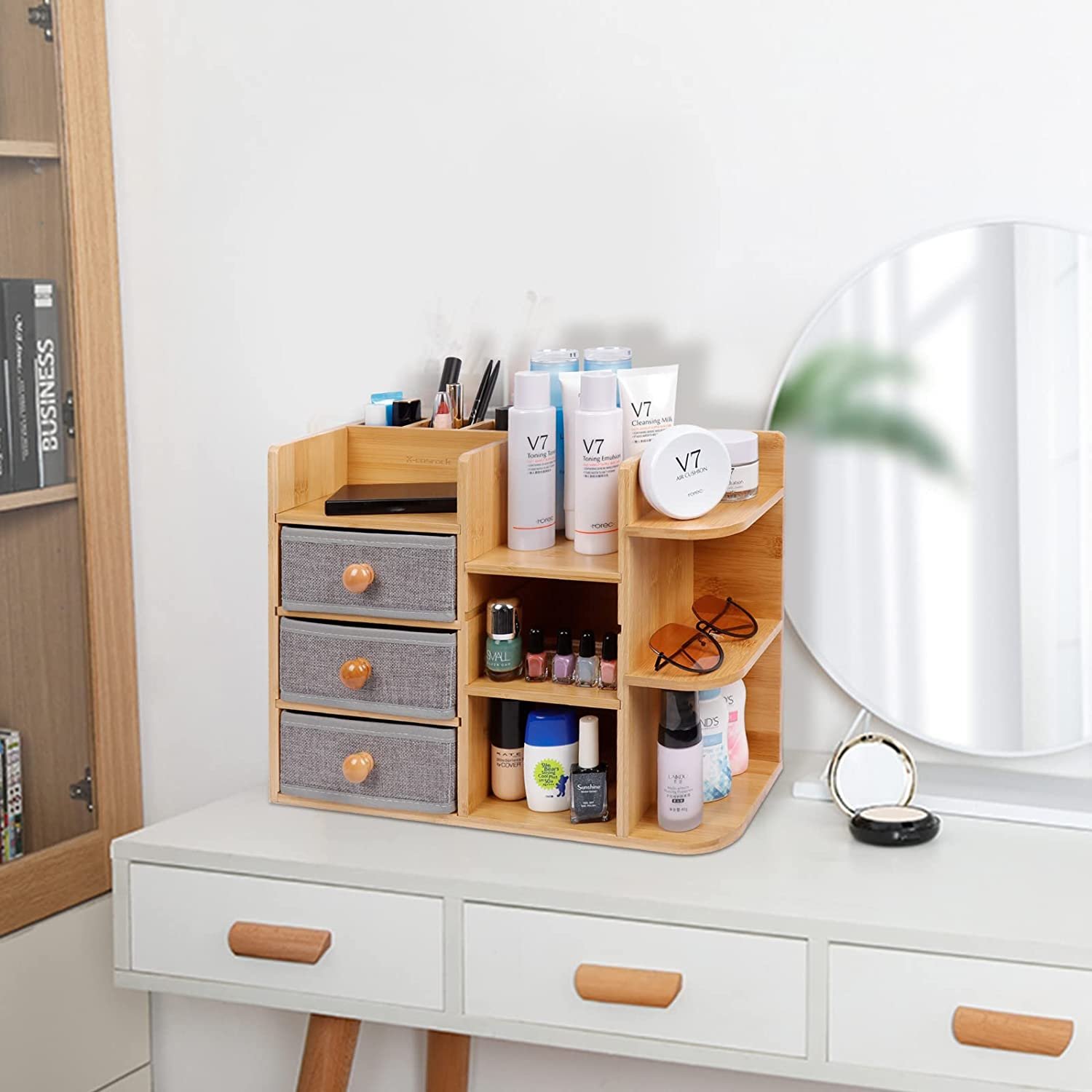Best Seller Bamboo Wood Makeup Organizer with 3 Drawers 7 Slots Jewelry Cosmetics Storage Box