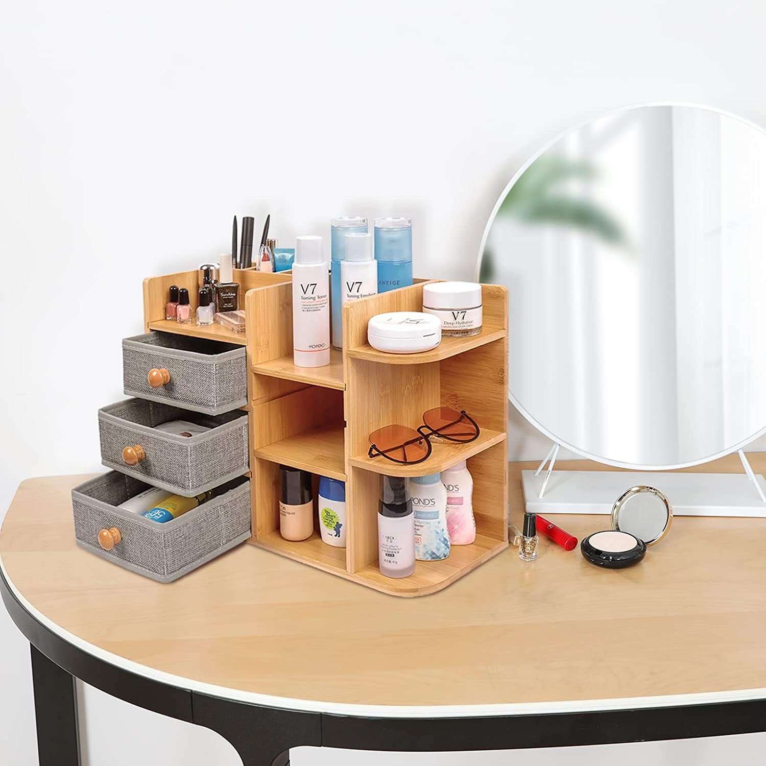 Best Seller Bamboo Wood Makeup Organizer with 3 Drawers 7 Slots Jewelry Cosmetics Storage Box