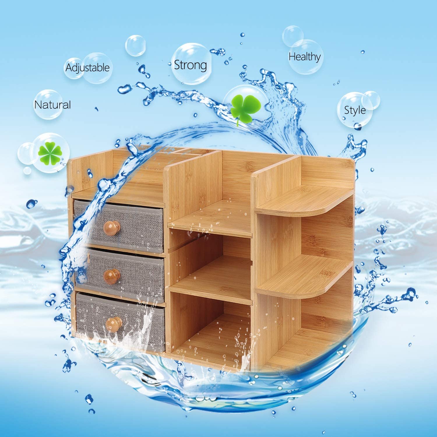 Best Seller Bamboo Wood Makeup Organizer with 3 Drawers 7 Slots Jewelry Cosmetics Storage Box