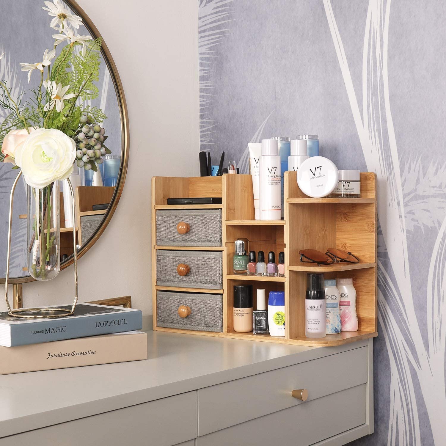 Best Seller Bamboo Wood Makeup Organizer with 3 Drawers 7 Slots Jewelry Cosmetics Storage Box