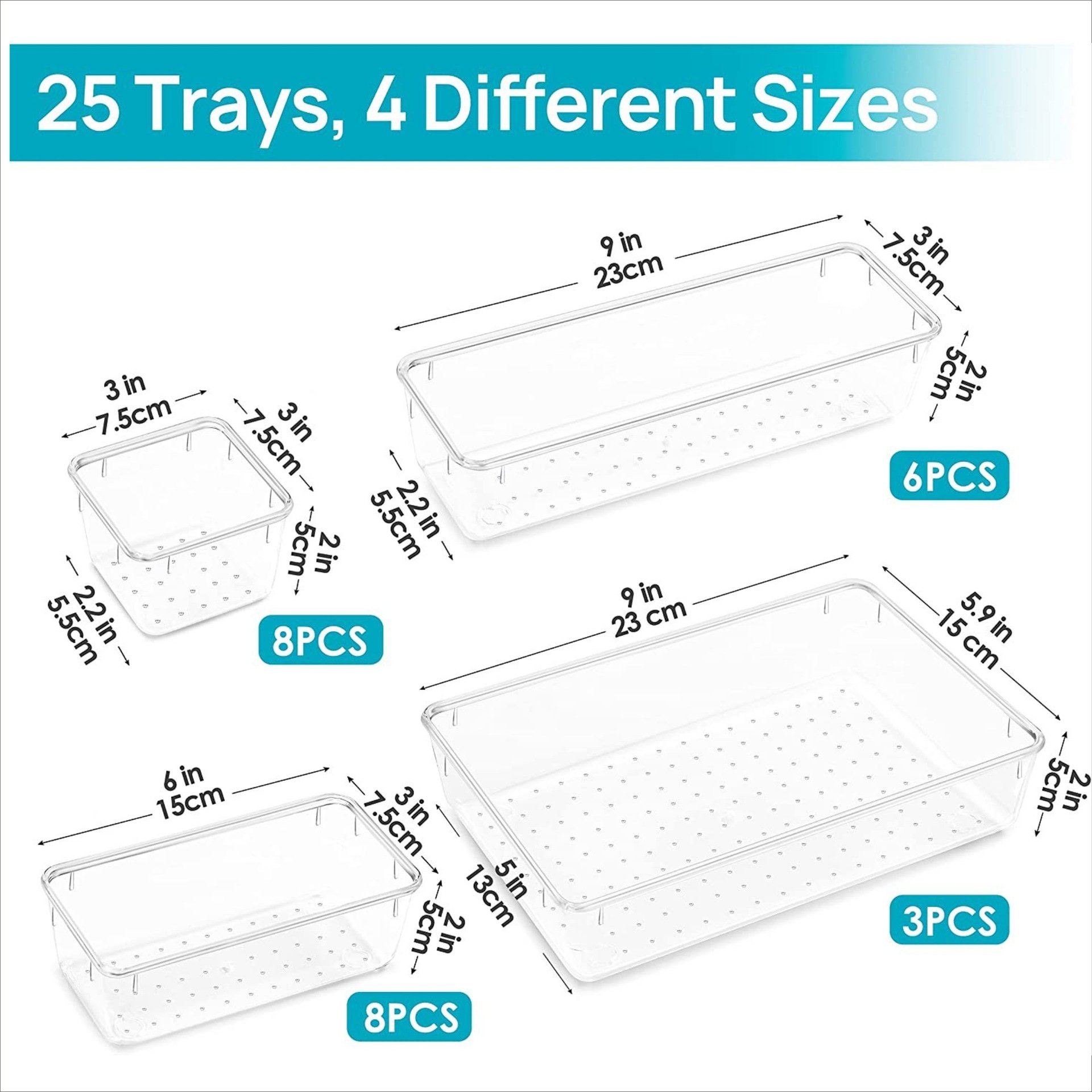 25pcs Clear Plastic Drawer Organizers & Storage Binsfor Makeup Jewelry Bathroom Drawer Organizer Trays Set
