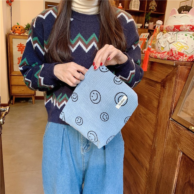 Makeup Bag For Women - Corduroy Cosmetic Bags Aesthetic Design Ladies Tote Bag,Women's Pencil Case,Cute Smiley Face Makeup Organ