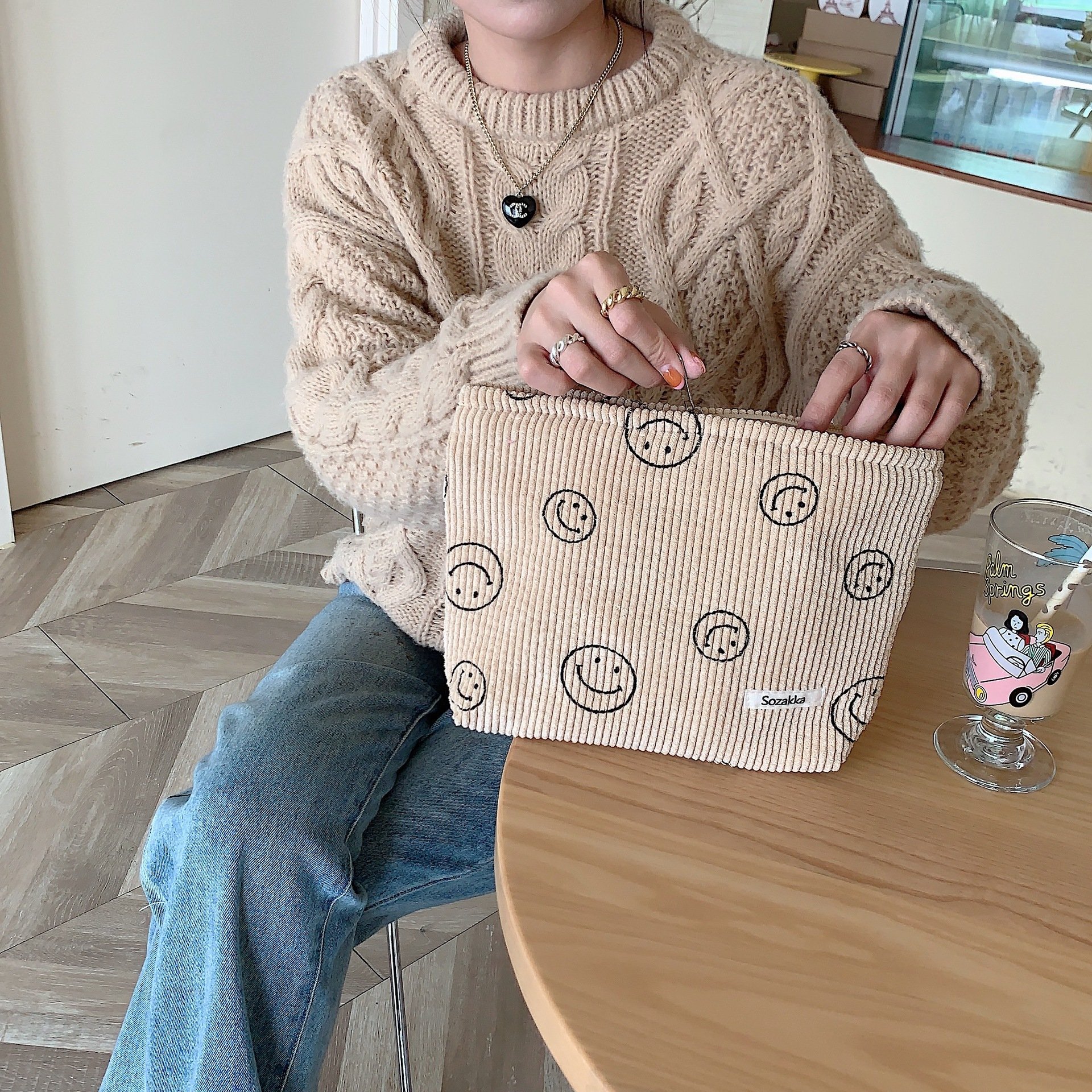 Makeup Bag For Women - Corduroy Cosmetic Bags Aesthetic Design Ladies Tote Bag,Women's Pencil Case,Cute Smiley Face Makeup Organ