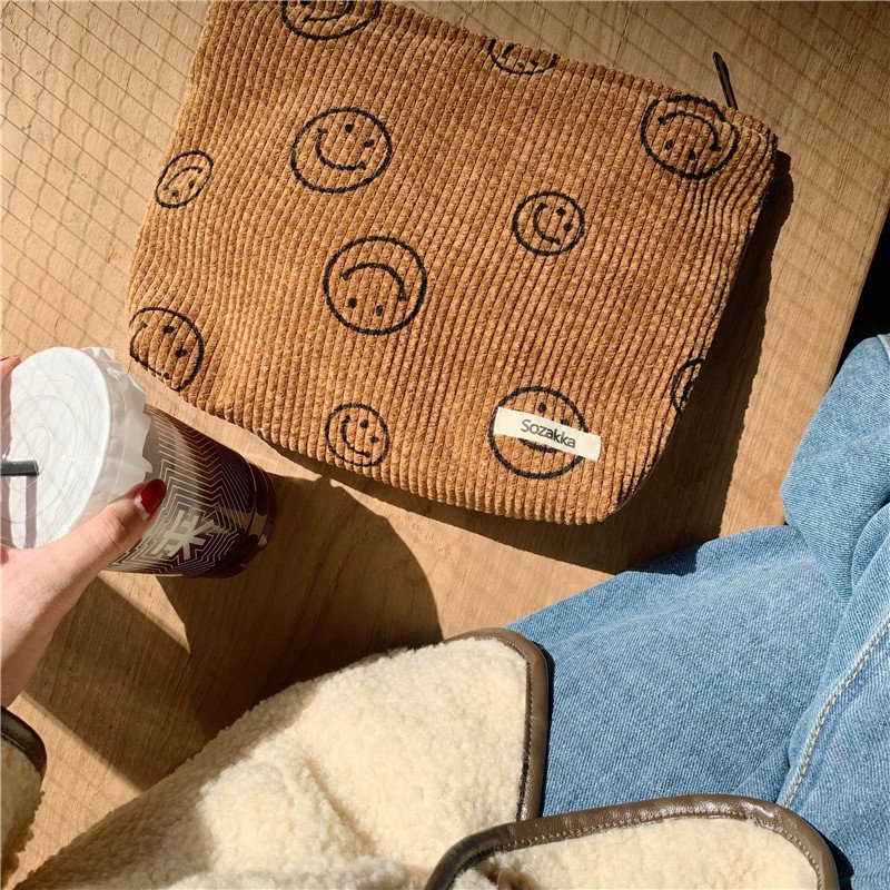 Makeup Bag For Women - Corduroy Cosmetic Bags Aesthetic Design Ladies Tote Bag,Women's Pencil Case,Cute Smiley Face Makeup Organ