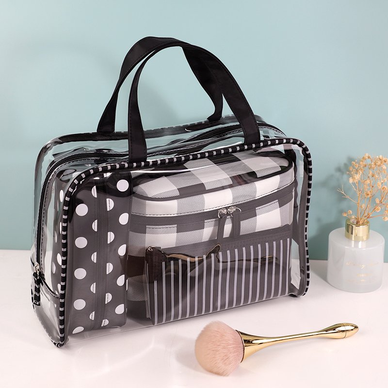 Customized Ciffnoo NO. 8521-SET high quality checkered print cosmetic skincare storage nylon makeup bags sets