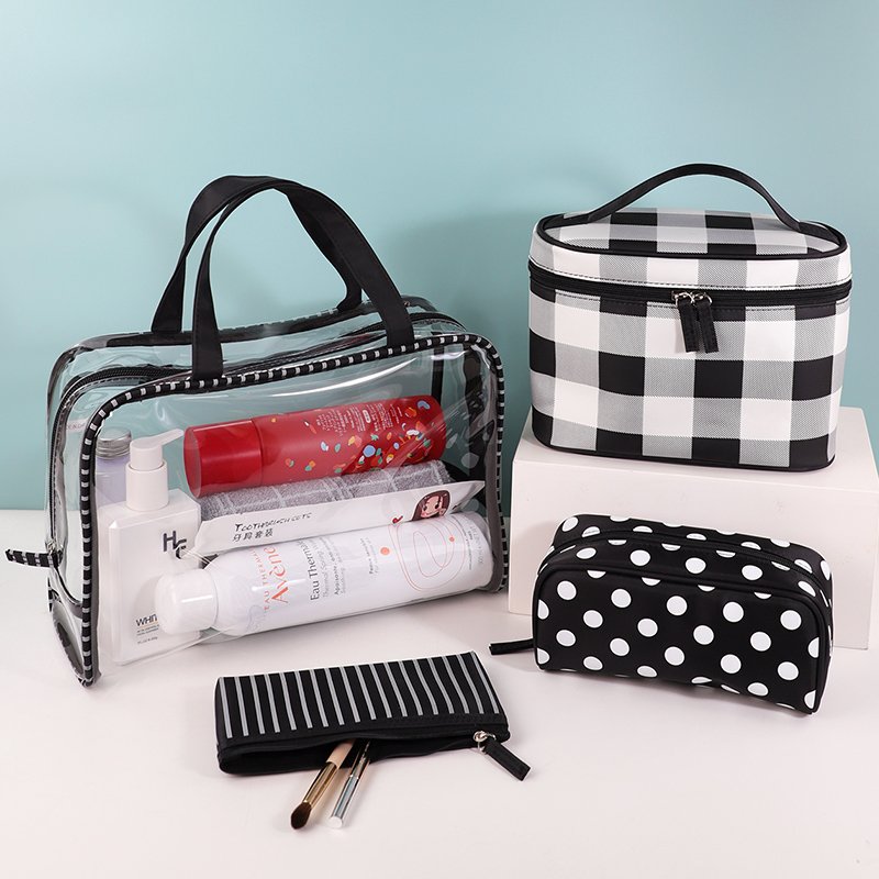 Customized Ciffnoo NO. 8521-SET high quality checkered print cosmetic skincare storage nylon makeup bags sets