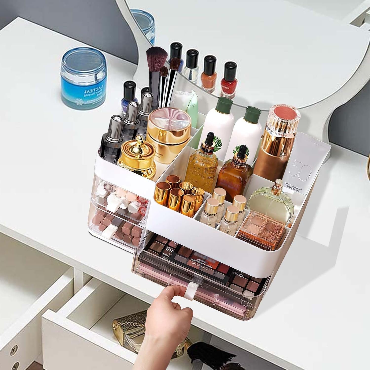 Large Vanity makeup Organizer with stackable Drawers Cosmetics Perfume Skincare Organizers