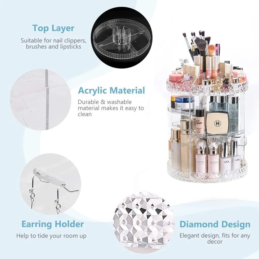 High quality Multi-Function clear Adjustable Cosmetic Storage Make up Organizer 360 Degree Rotating Makeup organizer