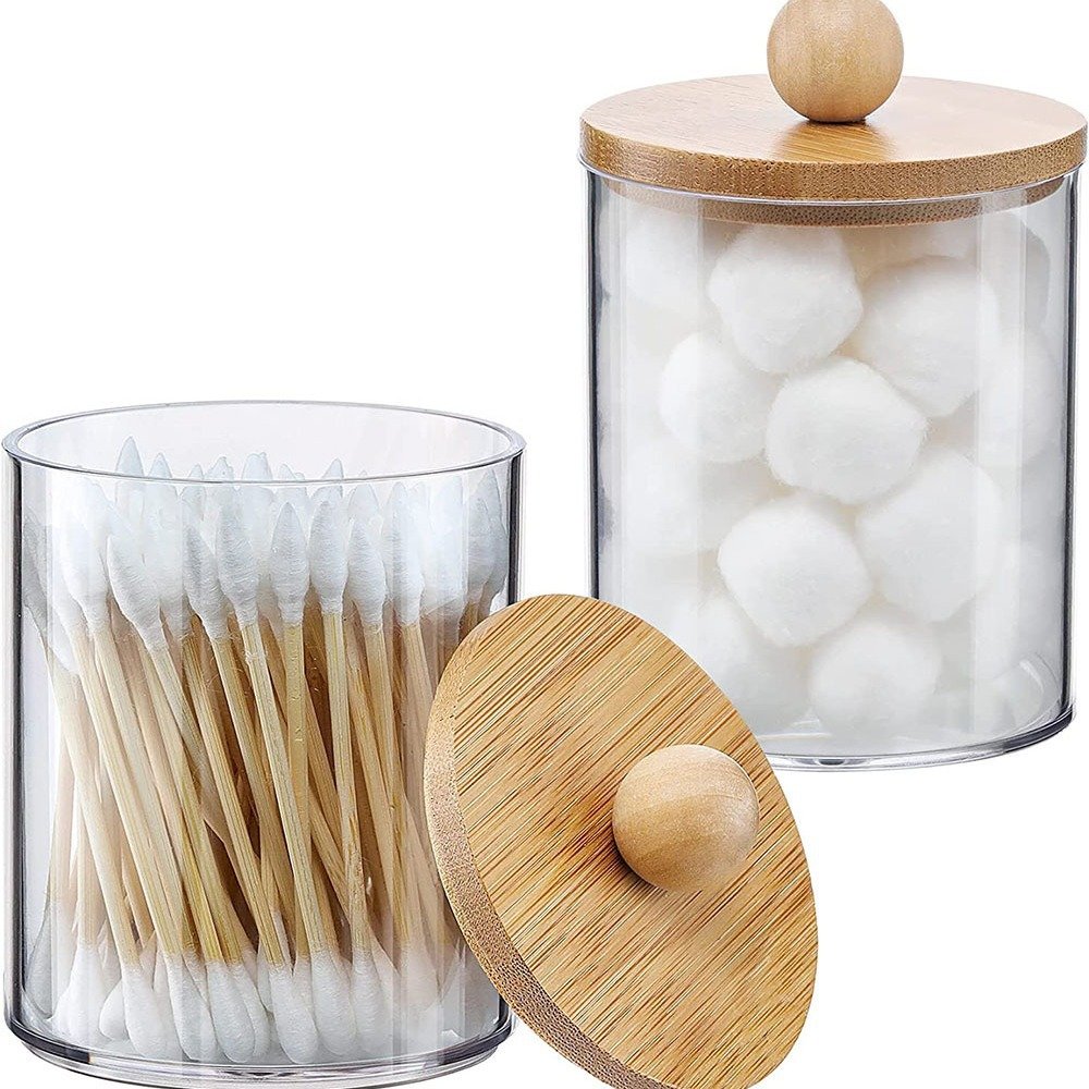 Qtip Holder Dispenser Clear Plastic Apothecary Jar Containers Vanity Makeup Organizer Storage for Cotton Swab, Ball, Pads