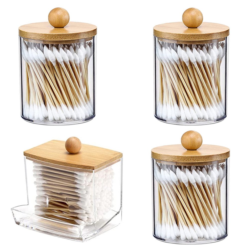 Qtip Holder Dispenser Clear Plastic Apothecary Jar Containers Vanity Makeup Organizer Storage for Cotton Swab, Ball, Pads