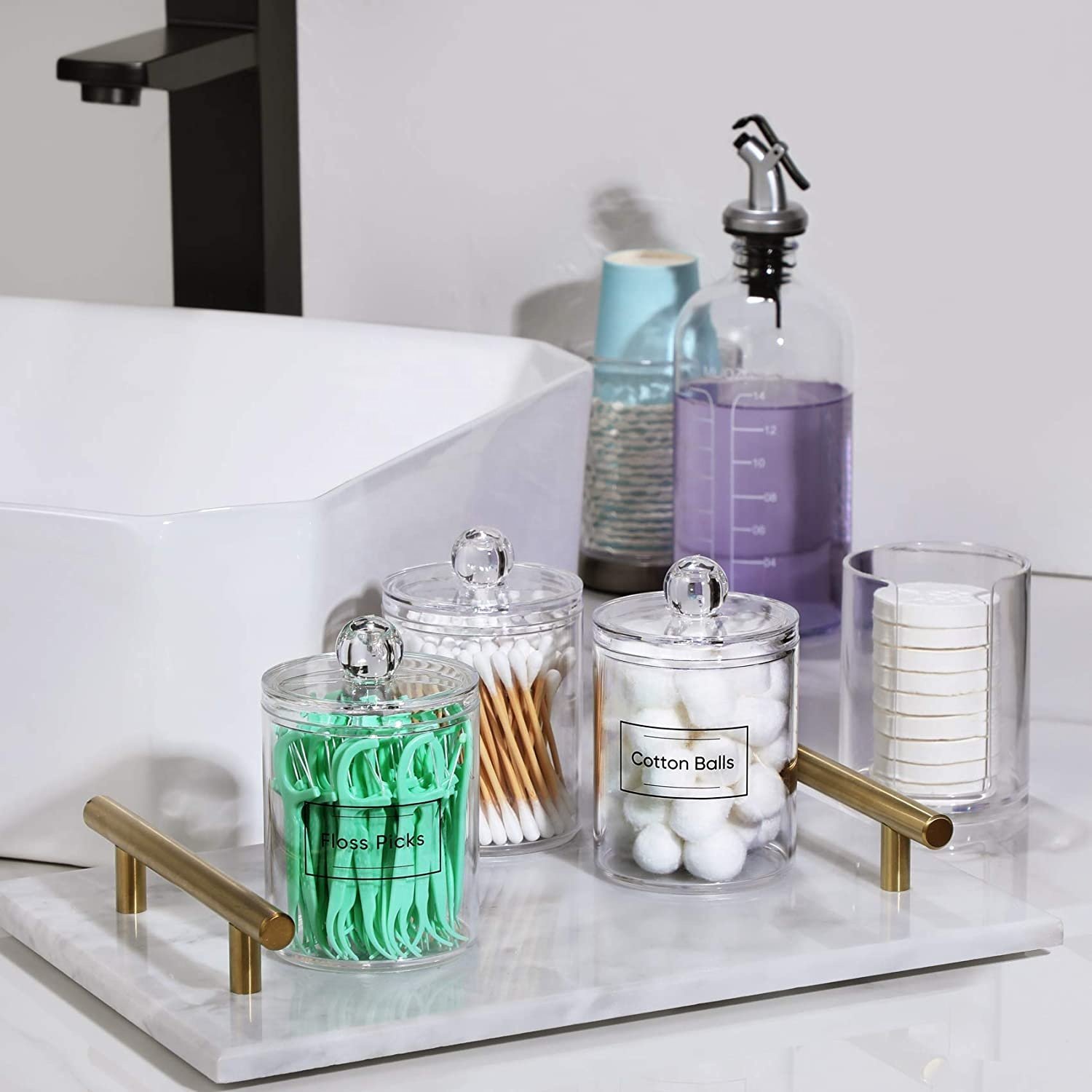 1/2/3/4pcs 10 oz Clear Plastic Apothecary Jar Set Bathroom Canister Storage Organization Qtip Holder Dispenser For Cotton Ball