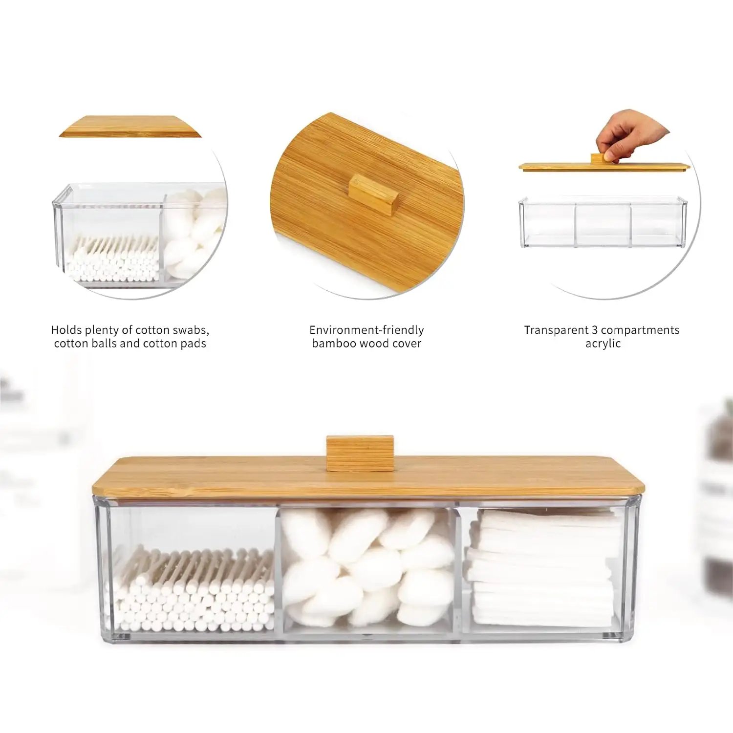 3 Compartment Bathroom Organizers and Storage Acrylic Qtip Cotton Swab and Cotton Pad Dispenser Box