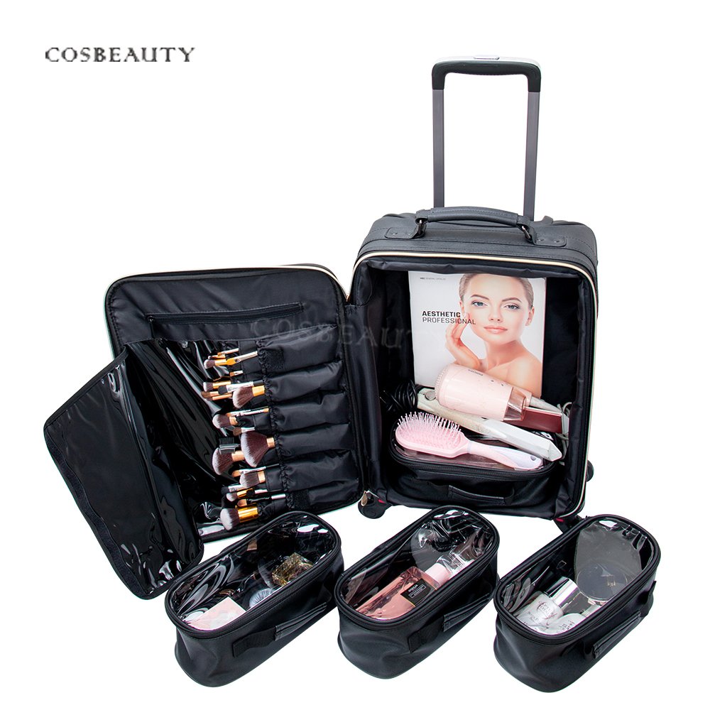 BSCI members Latest High quality PU leather Beauty Train Case Professional Makeup Artist Trolley Rolling Case Organize Bag