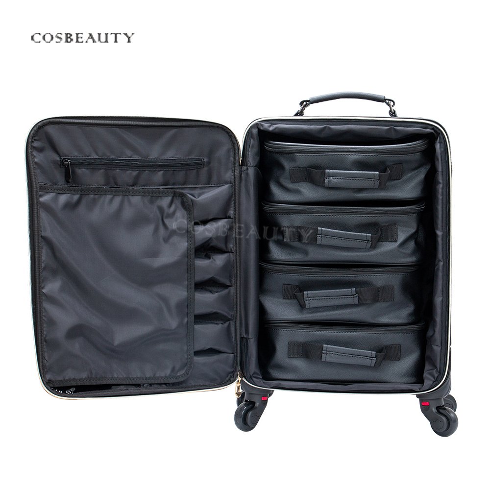 BSCI members Latest High quality PU leather Beauty Train Case Professional Makeup Artist Trolley Rolling Case Organize Bag