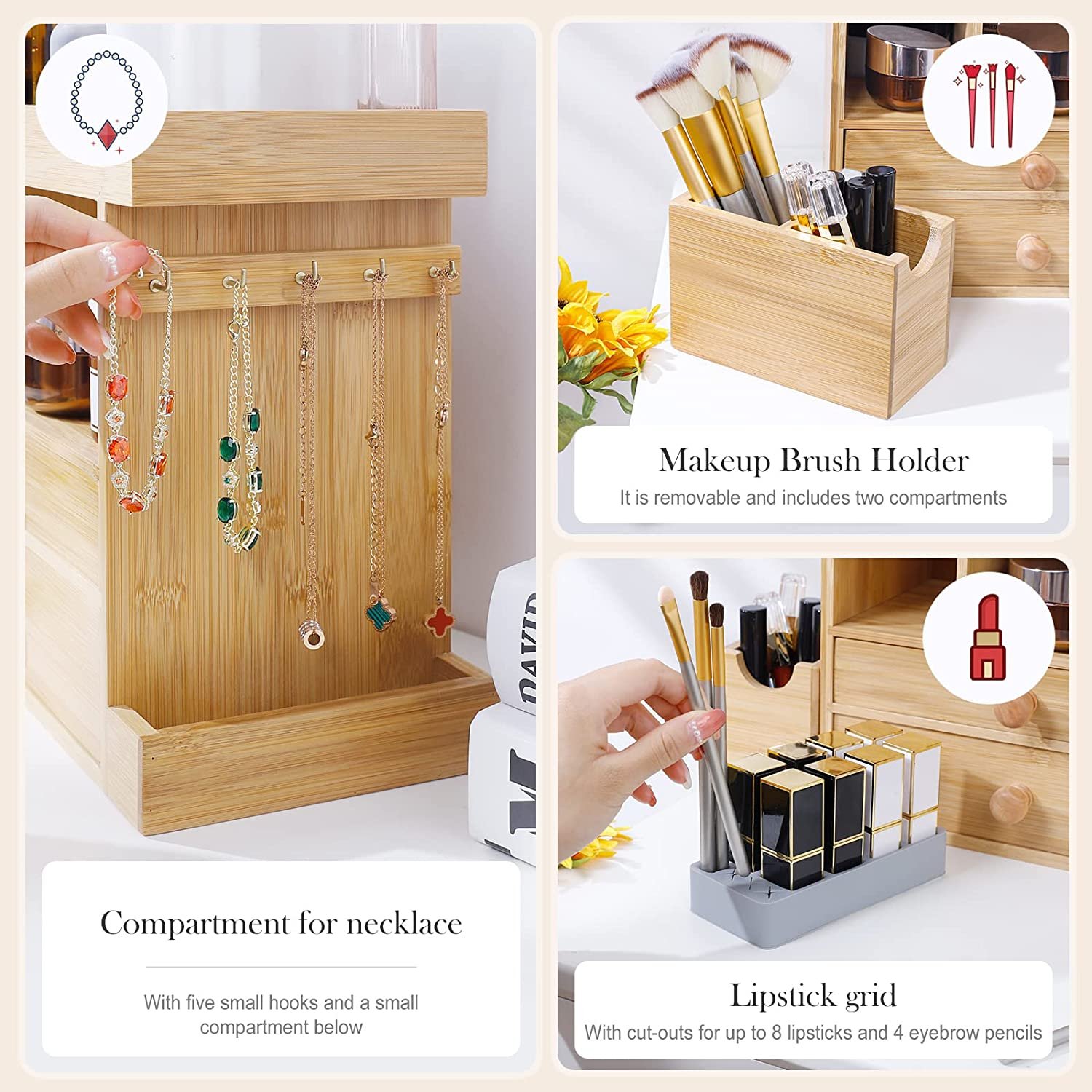 Customized Bamboo Wood Multi Storage Drawers Makeup Organizer Storage Drawers Boxes