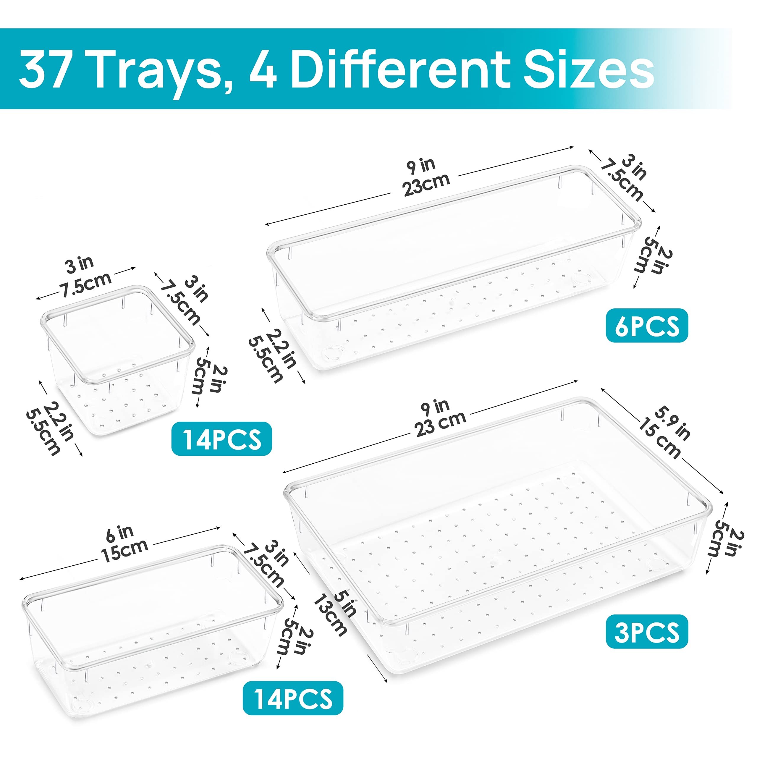 37 Pack Clear Plastic Drawer Organizers Tray,4-Size Storage Bins for Makeup, Jewelries, Kitchen Utensils and Office