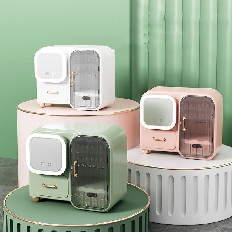 Hot Sale Dustproof Plastic Jewelry Organizer Makeup Bin Skincare Shelf Desktop Cosmetic Storage Box with LED Mirror