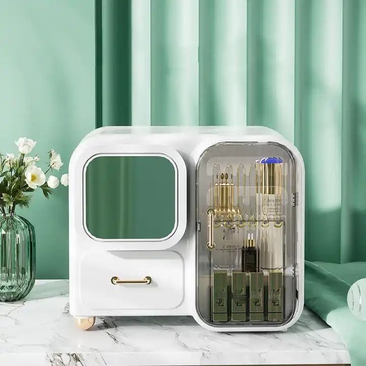 Hot Sale Dustproof Plastic Jewelry Organizer Makeup Bin Skincare Shelf Desktop Cosmetic Storage Box with LED Mirror
