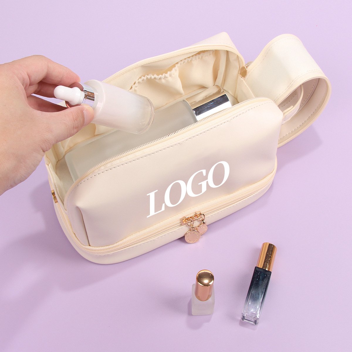 professional oem pu leather large travel toiletry makeup bag double layer opening zipper travel toiletry cosmetic bags