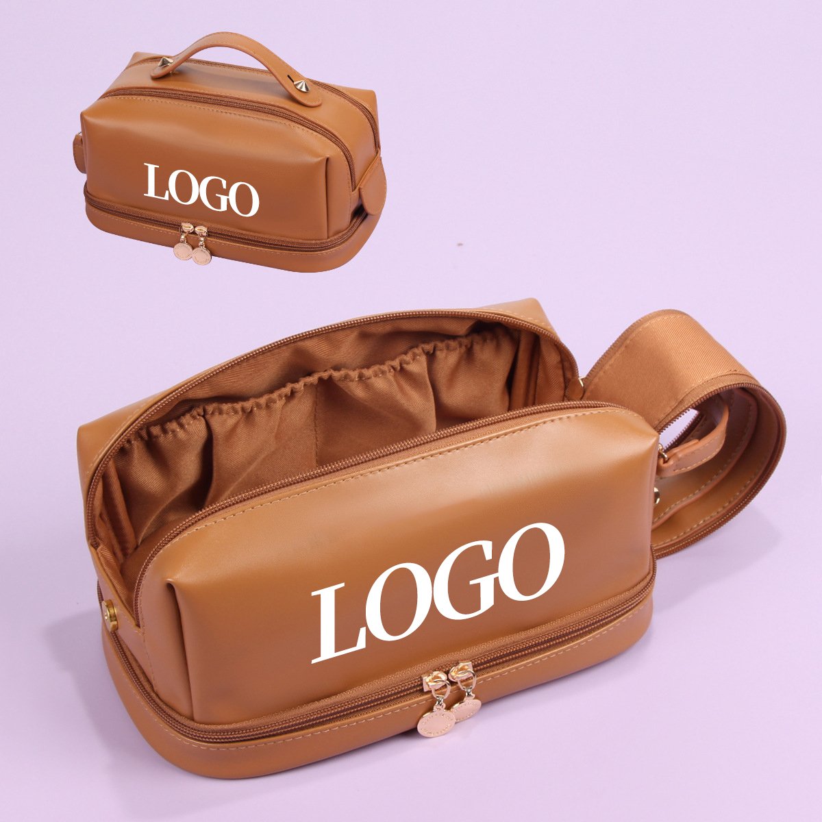 professional oem pu leather large travel toiletry makeup bag double layer opening zipper travel toiletry cosmetic bags