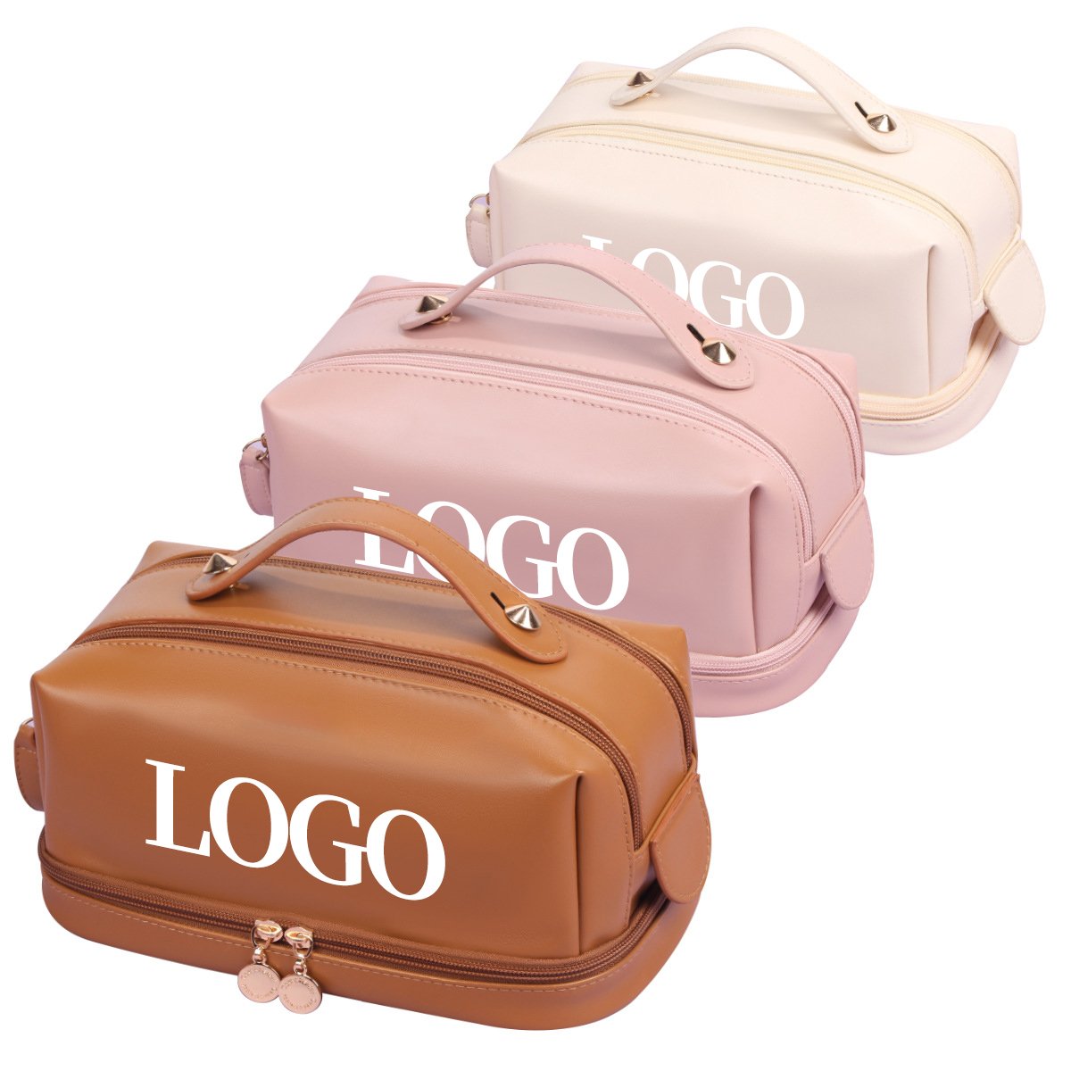 professional oem pu leather large travel toiletry makeup bag double layer opening zipper travel toiletry cosmetic bags
