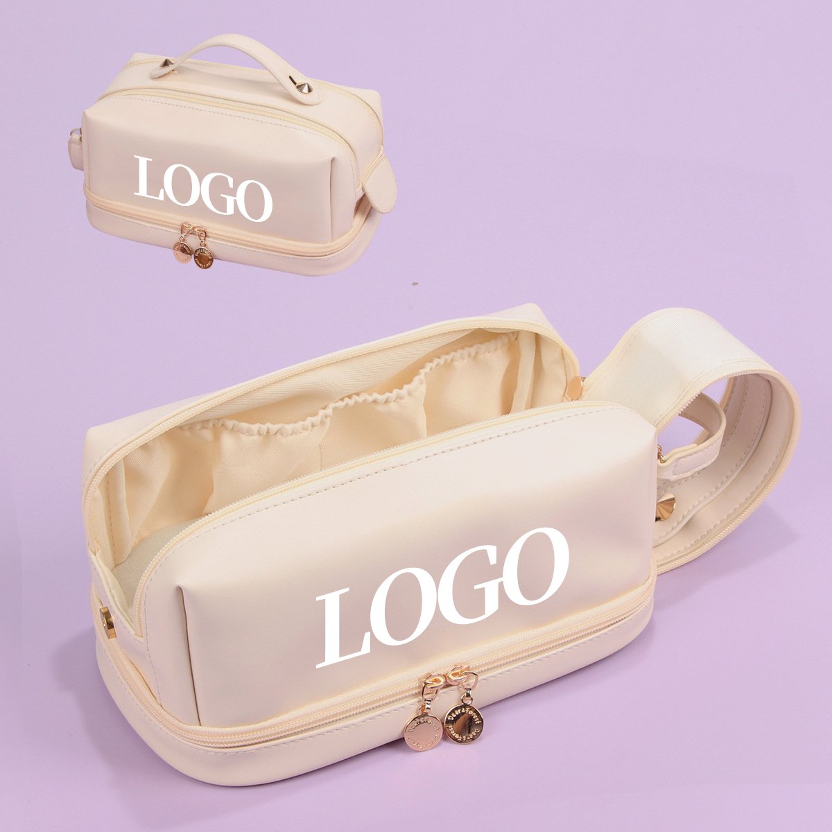 professional oem pu leather large travel toiletry makeup bag double layer opening zipper travel toiletry cosmetic bags